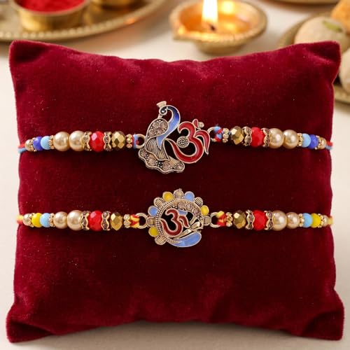 Image of TIED RIBBONS Rakhi for Brother with Gift - Set of 2 Designer Rakhi for Bhaiya with Mini Monk Buddha Idols Showpiece