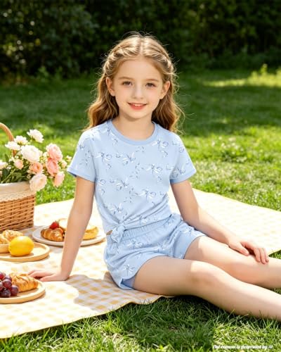 Image of Bestuline Girls Summer 2 Piece Outfits,Basic Short Sleeve Top & Shorts Set with Side Pockets,4-14Y