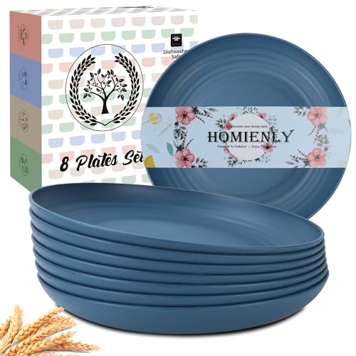 Image of Homienly Dinner Plates Set, Alternative to Plastic Plates,Wheat Straw Plate Set of 8,Lightweight Microwave and Dishwasher Safe Plate,Unbreakable Salad Plates for Kitchen, Camping (Blue,10 inch)