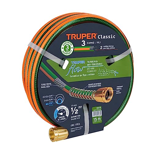 Riego, Tools Truper MAN-15X1/2R, Manguera 1/2', reforzada 3 capas, conexiones de metal, 15 m