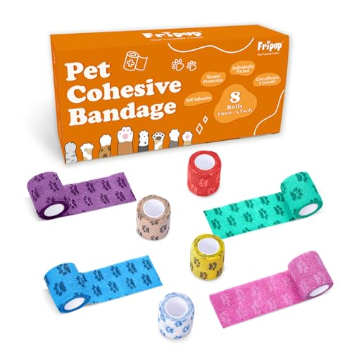 FriPuP Self Adhesive Bandage Wrap - Vet Wrap for Dogs No Chew - Medical Cohesive Bandage Wrap for Wound Care, Paw Care, First Aid, Vet Tape for Pet Horses Cat Birds (2 Inch, 8 Rolls, 8 Colors)