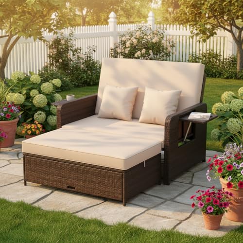 Tangkula Patio Rattan Daybed with 4-Level Adjustable Backrest, Outdoor PE Wicker Loveseat with Storage Ottoman & Folding Side Tray, Double Sunbed Lounger for Balcony, Backyard & Poolside - Image 3