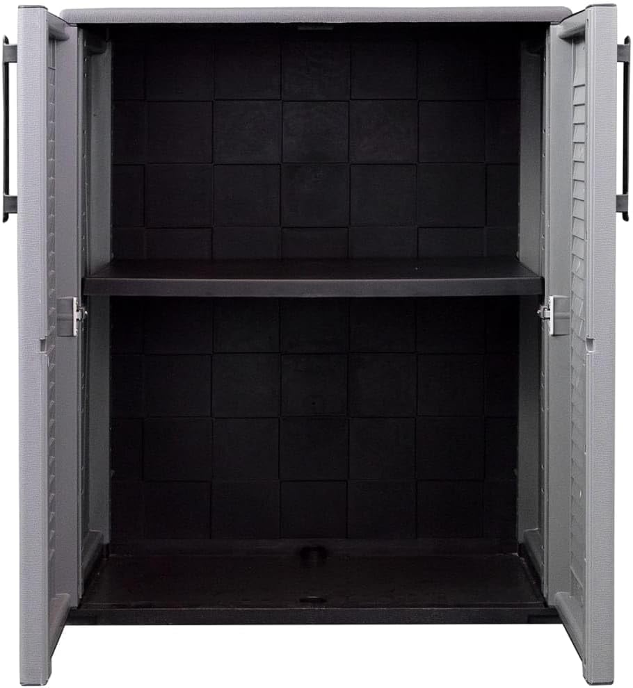 Garden Storage Cabinet Gray and Black 26.8"x14.6"x33.1" Durable PP Vertical Locker with Adjustable Shelves Compact Patio Storage Cupboard for Home and Office Use