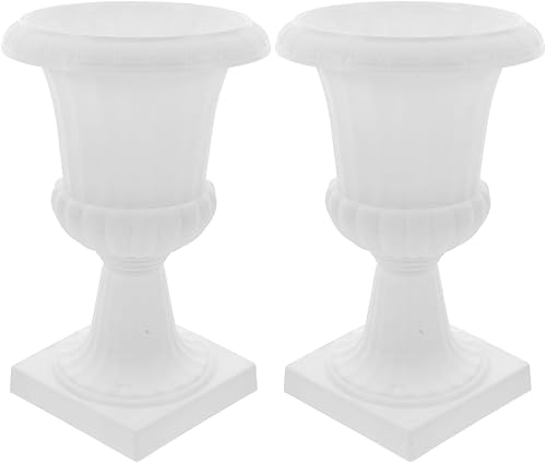 Yardwe 2 macetas de urna, maceta de plástico con pedestal blanco, contenedor de flores retro, maceta de boda para jardín, porche, balcón