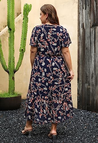 Image of Nemidor Plus Size Women Casual Maxi Dresses Print Bobo Belted Layered Chiffon Summer Long Dress with Ruffle Sleeve