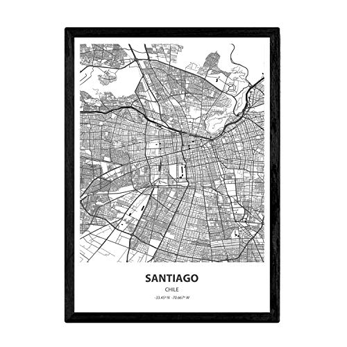 Affiche Nacnique avec carte de Santiago - Chili. Lames de villes d'Amérique latine avec des mers et des rivières de couleur noire. Taille A4