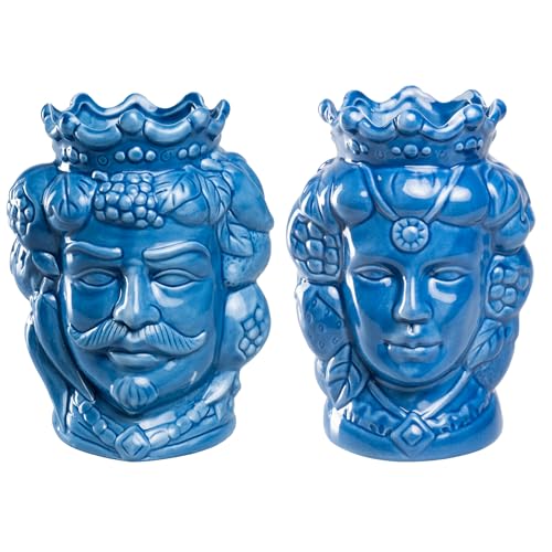 Morgan Coppia Teste di Moro Re e Regina Caltagirone, Stile Ceramiche Siciliane, Vaso in Ceramica Blu 12x18 cm