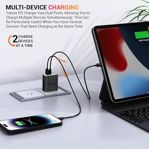 Image of Tukzer 20W Dual Port GaN3 Ultra 2X Faster Charger(Type C PD3.0 & USB QC3.0) with Type C Cable Adapter for iPhone 16 /16 Plus /16 Pro /Max,15 /15 Plus /15 Pro /Max, 14 /13 /12,Samsung, Type-C Port Laptops-BLK