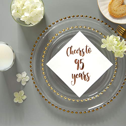 Cheers to 95 Years Cocktail Napkins, 50-Pack 3ply White Rose Gold 95th Birthday Dinner Celebration Party Decoration Napkin