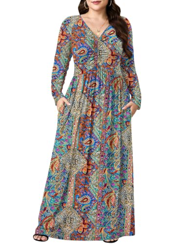PEVRL Womens Plus Size Maxi Dresses Long Sleeve with Pockets