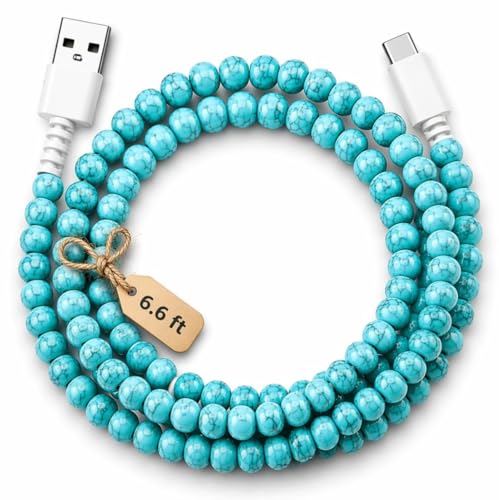 Image of Stylish Beaded Phone Charger Cable Colors USB Charging Cord for Smartphones (USB A to USB C, Turquoise, 6.6ft)