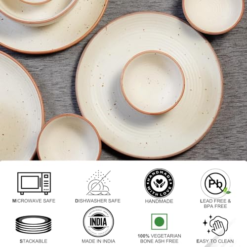 Image of Freakway Handcrafted Stoneware Dinner Set - 9 Piece Ceramic Dinnerware Set for 4 People (Off White) inch4 Dinner Plates +4 Bowls+1 Large Serving Bowls