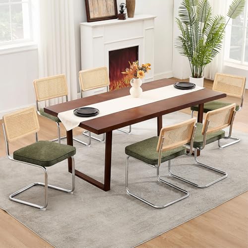 Image of Zesthouse Natural Rattan Dining Chairs Set of 6, Mid Century Modern Dining Chairs with Solid Wood Back & Chrome Base, for Kitchen Living Room, Breuer Design Inspired, Upholstered Linen Fabric, Green