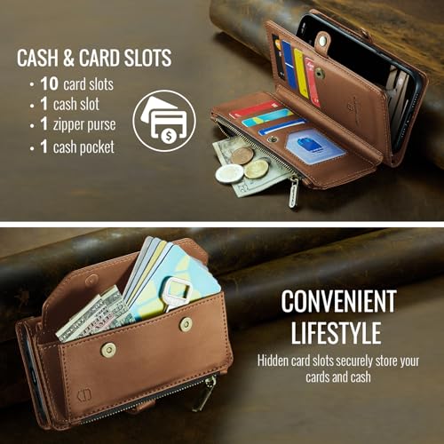 Strapurs Wallet Case Compatible with iPhone 15 Pro Max RFID Blocking 10-Card Holder Soft PU Leather Magnetic Snap Shoulder Strap Zipper Pocket Phone Case Fit for iPhone 15 Pro Max 6.7" - Brown by Strapurs - Image 5