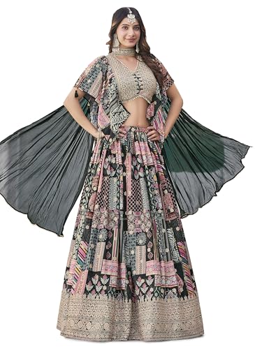 Image of Women's Digital Print With Zari Dori Embroidery Work Chinnon Silk Lehenga Choli With Dupatta (Women-Lehenga-Choli-New; Free size)