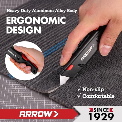 Image of ARROW Retractable Box Cutter, Quick Change Utility Knife with Blade Storage Design, Heavy Duty Aluminum Razor Knife, Twine Cutter, 3 Extra SK2 Blades Included (Pack of 4)