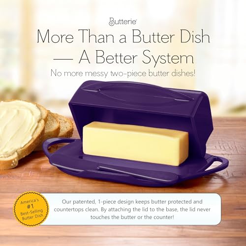 Image of Butterie Flip Top Butter Dish, Purple | Attached Lid & Matching Knife, Holds 2 Sticks, Fits Kerrygold /European Butter, BPA Free & Dishwasher Safe