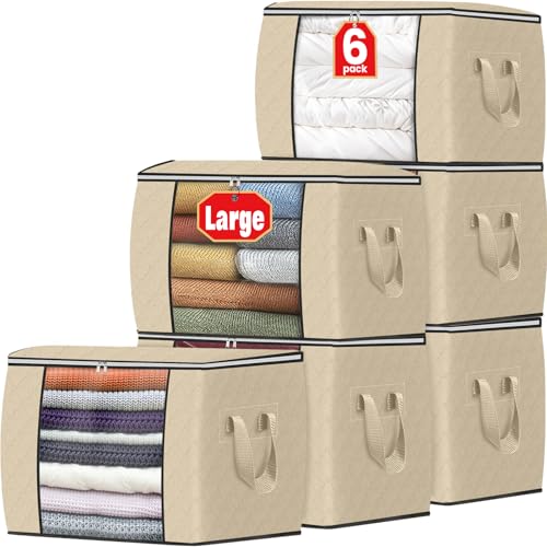 Image of Fab totes 24 Gallons Clothes Storage, Foldable Thick Fabric Blanket Storage Bags, Containers for Organizing Bedroom, Closet, Clothing, Comforter, Organization with Handle (6 Pack,Beige)