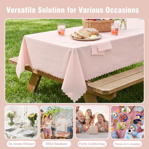 Image of Oigco 3 Pack Pink Plastic Tablecloth - 54 inch x 108 inch Light Pink Rectangle Disposable Scalloped Table Cloth, Pastel Plastic Cover for Birthday, Baby Shower, Wedding, Pink Party Decorations