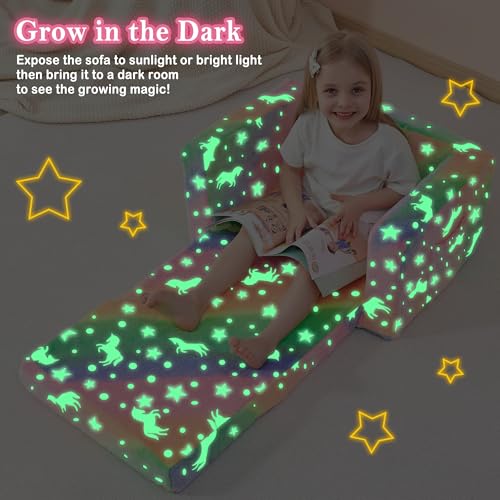 lasoftan Kids Sofa for Toddler, 2-in-1 Toddler Fold Out Couch Glow in The Dark, Convertible Sofa to Lounger Bed for Girls and Boys, with Removable Cover & Double Pockets - Glow Unicorn - Thumbnail 3
