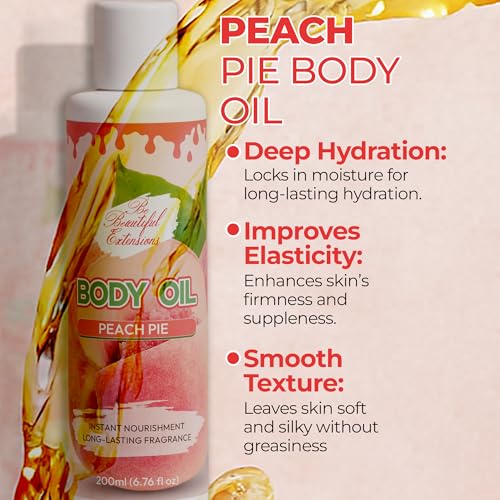 Image of Body oil designed for Deep Hydration to nourish, protect, and rejuvenate the skin while leaving it with a soft, radiant glow and a peach scent long -lasting fragrance jojoba oil and more 6.76oz