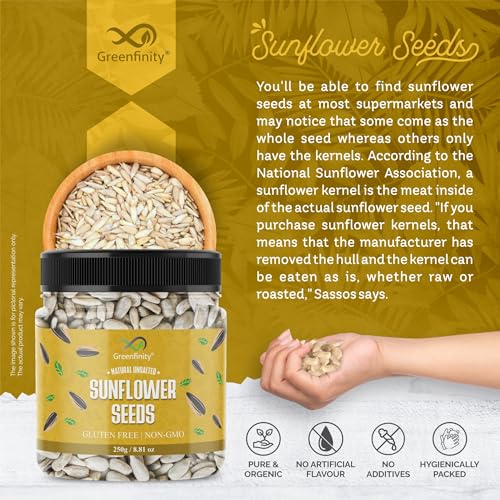 Image of GreenFinity Raw Sunflower Seeds | Rich in Protein, Fiber, Vitamins and Antioxidants | Nutritious Diet Food for Weight Management, Healthy Snacks, Cooking, Smoothies and Salads (250g)