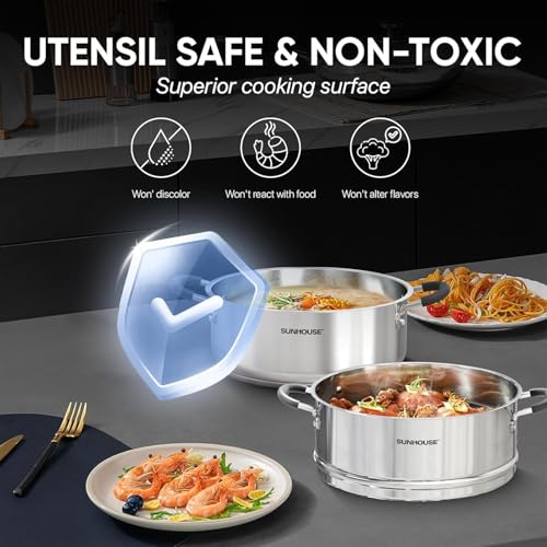 SUNHOUSE Stainless Steel Steamer Pot for Cooking - 5 QT Steaming Pot with Glass Lid & Steamer Basket - 2 Tier Tri-ply Vegetable Steamer with Stay-Cool Silicone Handles - Induction Compatible by Sunhouse - Image 3