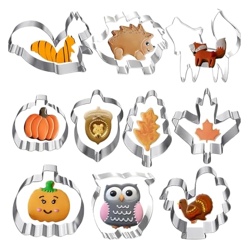 GWAWG Set di 10 formine per biscotti autunnali, in acciaio inox, con foglie d'acero, riccio, zucca, scoiattolo, ghianda, funghi, per feste autunnali