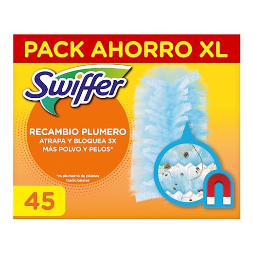 Swiffer Recambios Plumero Atrapapolvo, Atrapa Y Retiene 3 Veces Mas Polvo Y El Pelo Que Cualquier Plumero Tradicional, Pack de 45 Recambios