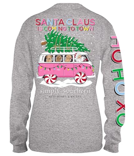 Image of Simply Southern Youth | Santa Claus is Coming to Town | Preppy and Stylish Girl's Gray Relaxed-Fit Small Long Sleeve T-Shirt