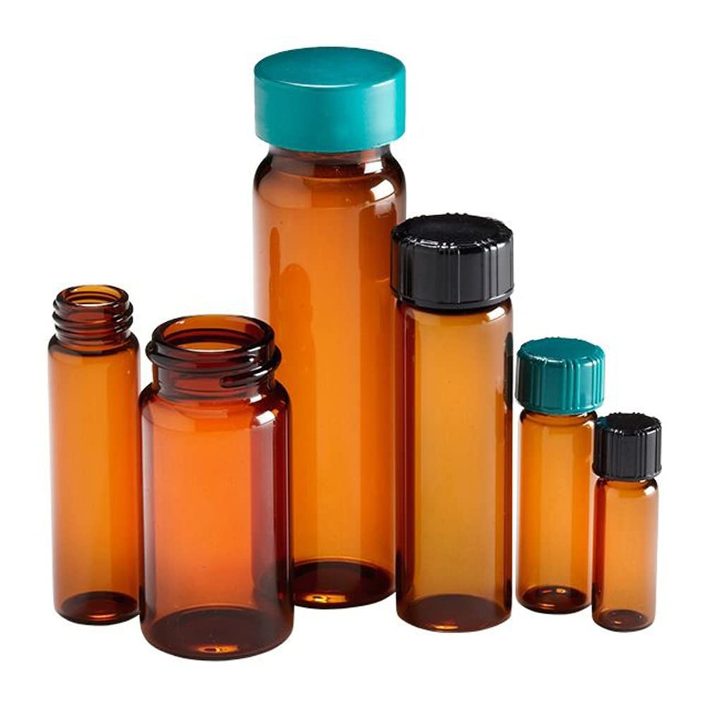 Qorpak GLC-01065 Amber Borosilicate Glass Vial, 24-400 Green Thermoset F217 and PTFE-Lined Cap, 27.50mm Diameter, 95mm Height, 40mL Capacity, Pack of 144