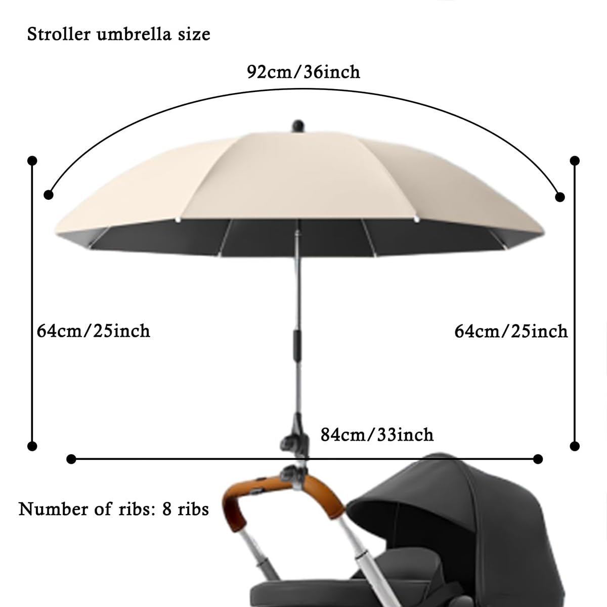 Ombrelle Poussette Universelle Anti UV 50+ Diamètre 85 cm Parasol Réglable Beige