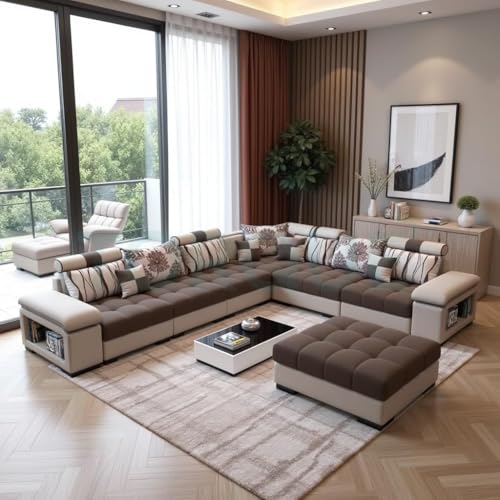 Image of Torque Silvester 12 Seater Sofa Set for Living Room (Brown) | Interchangeable U Shape Sectional Sofa | Solid Wood Frame & High-Density Supersoft Foam | Includes Puffy & Stool | Modern Home Furniture