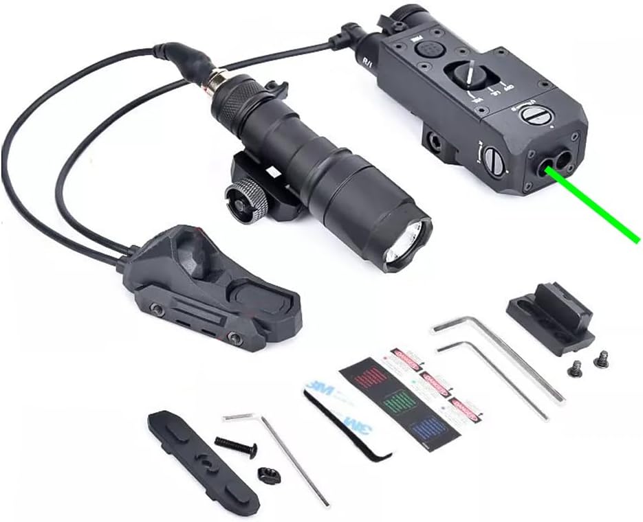 Metal CQL-1-Mod Mini Box Aiming Laser Sight Indicator(with IR Laser + Green Laser), & M300A Strong LED White Flashlight, & AX Modular Dual Wire Remote Pressure Switch(SF+2.5 Plug) Combo, Black