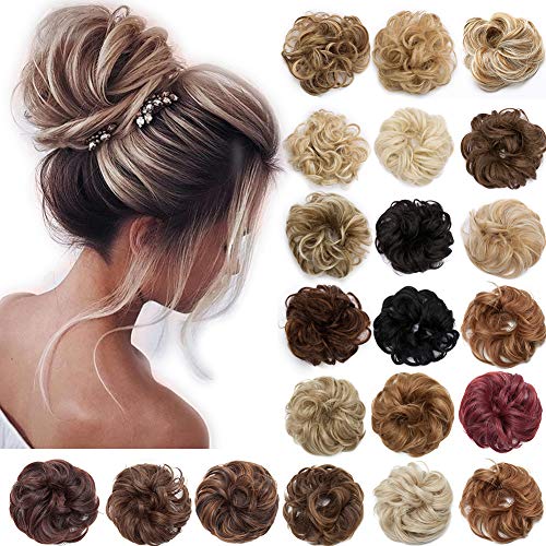 S-noilite Hair Bun Extensions Messy Wavy Curly Dish Donut Scrunchie Hairpiece Accessories Chignons Updo Ponytail Pony Tail Synthetic Hair Extension for Women/30G 1 Count Light Brown & Ash Blonde