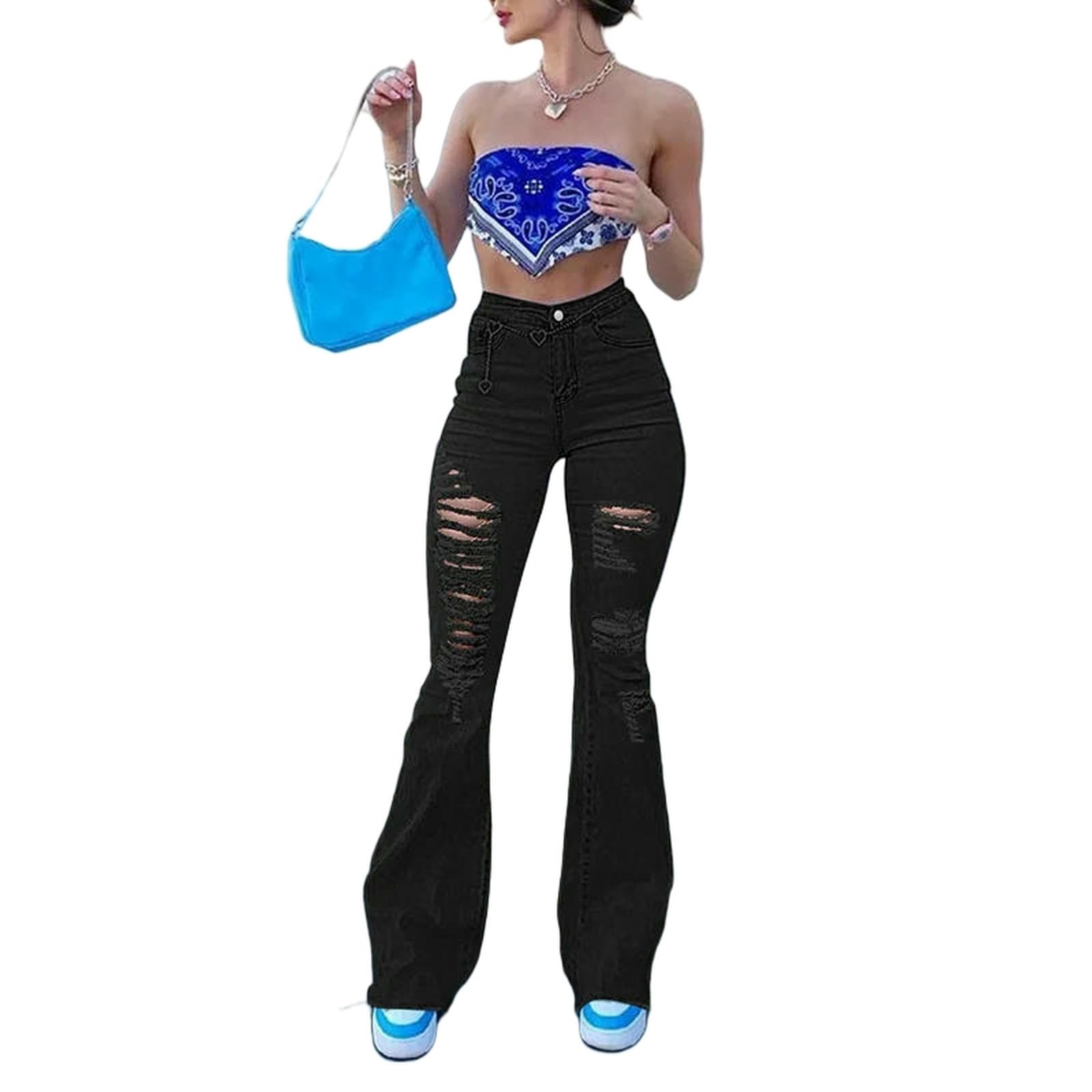WANGQIQI Jeans Donna Strappati Neri A Vita Alta da Donna-Nero-XL