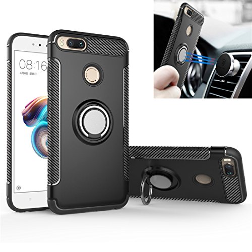 MingWei Xiaomi Mi A1 / 5X Case, Rotating Ring [360 ° Kickstand] Carbon Fiber [Dual Shockproof] Protection Cover Compatible with [Magnetic Car Mount] for Xiaomi Mi A1 (Black, Mi A1)