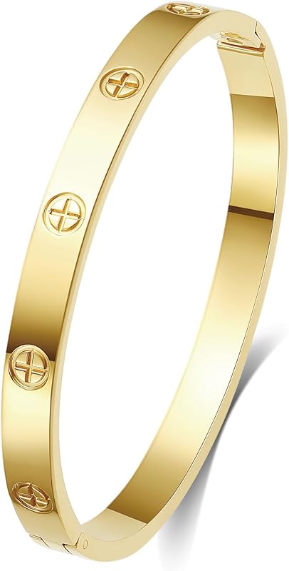 18K Gold-Plated Love Bangle Bracelets for Women, Silver Cross Bangle Bracelets, Waterproof Stainless Steel Friendship Jewelry, Valentines Christmas Birthday Gifts for Her