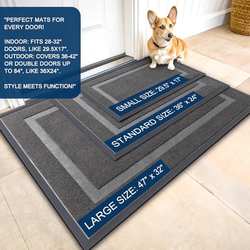 OLANLY Front Door Mat Indoor Outdoor Entrance, Waterproof All-Season, All-Weather Doormat, Sturdy Natural Rubber, Fade Resistant, Low Profile, Easy Clean Patio Porch Entryway Mat, 47x32, Dark Grey