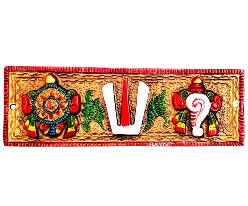Image of FLAIMYST Shank Chakra Tilak for Door Entrance in Aluminium Metal, Tirupati Door Wall Hanging Shankh Chakra Namah Decorative for Home, Office, Room, Religious House Warming (Copper Multicolor)