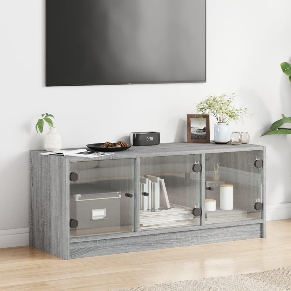 TV-Schrank mit Glastüren Grau Sonoma, 102x37x42 cm, Holzwerkstoff Modernes Design, Geräumiges Media-Center für Wohnzimmer und Schlafzimmer, Hohe Belastbarkeit