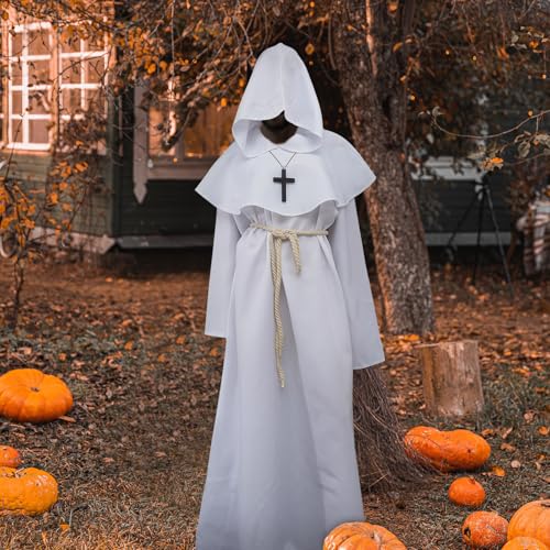Cape d'halloween à capuche costume de prêtre polyester blanc cosplay rétro - 7