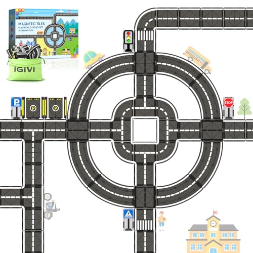 IGIVI 38PCS Magnetic Tiles Road Set, Magnetic Building Blocks for Toddlers, STEM Construction Toys for Kids Ages 3+, Gifts Toys for Boys & Girls