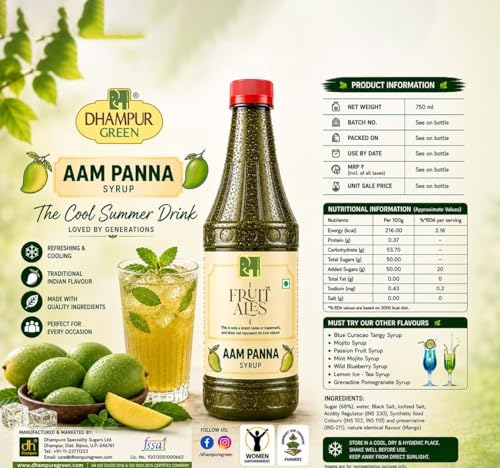 Image of Dhampure Specialty Aam Panna Syrup 750ml | Aam Panna Concentrate | Raw Mango Drink Concentrate | Traditional Indian Summer Cooler | Sharbat Mix for Water, Soda & Mocktails | Makes Multiple Drinks