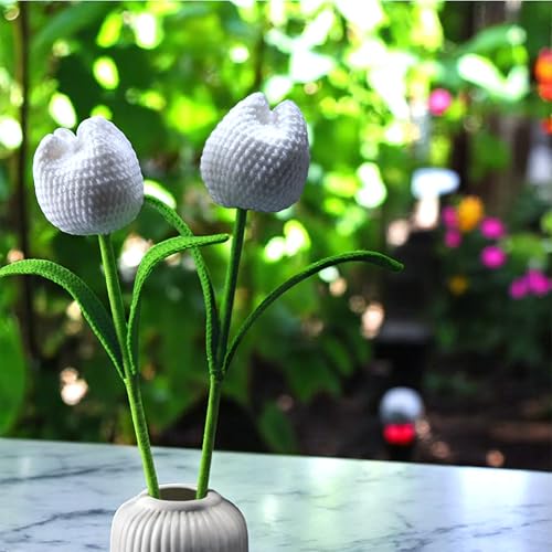 Image of Tulip Crochet Flowers | Handcrafted Artificial Faux Woolen Flower with Long Stem | Natural Looking Knitted Flower for Home, Living Room, Vase & Bouquet Decoration & Gifting | White- 2 Pcs