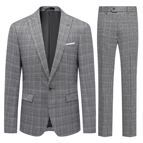 Allthemen Trajes de Cuadros para Hombre 2 Piezas Ajustado Negocios 2 Botones Esmoquin Clásico Elegante Gris M