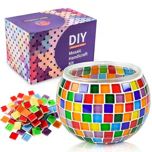 Joyclub DIY Mosaic Candle Holder Kit Mosaic Kits for Adults and Kids Stained Glass Tealight Candle Holder for Home Lighting Decor Girls Birthday Craft Gifts Rainbow with Handle