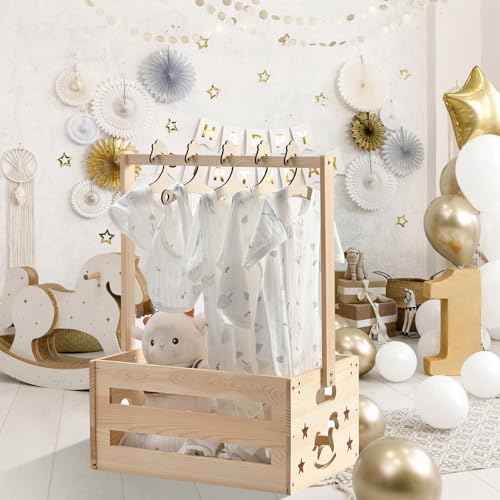 Image of Happyiren Extra Large Wooden Baby Shower Basket with Hanger Rack for Boys Girls, Versatile Baby Shower Crate Closet Gift Basket for Newborns,Cute New Parent Welcome Gift Box Wood Color