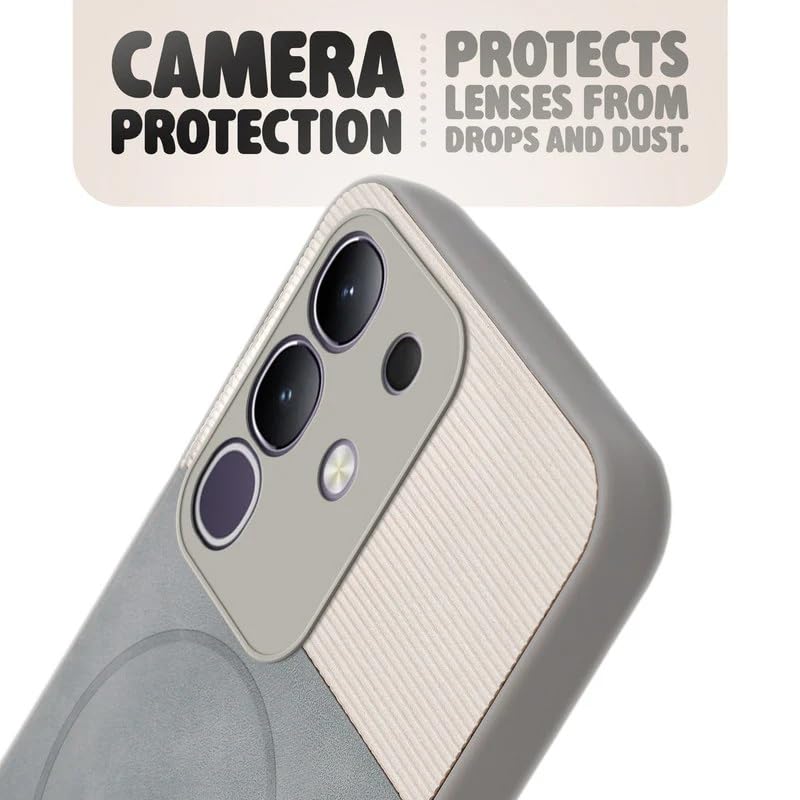 Image of Bintage case Macc-Safe Design Hard Light Weight Back Case | Soft Border Camera Protect | Dual PU Leather Finish Back Cover Compatible for iQOO Z10x 5G - White & Grey