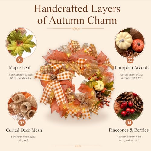 24 Inch Fall Wreaths for Front Door, Pumpkin Autumn Wreath - Image 3